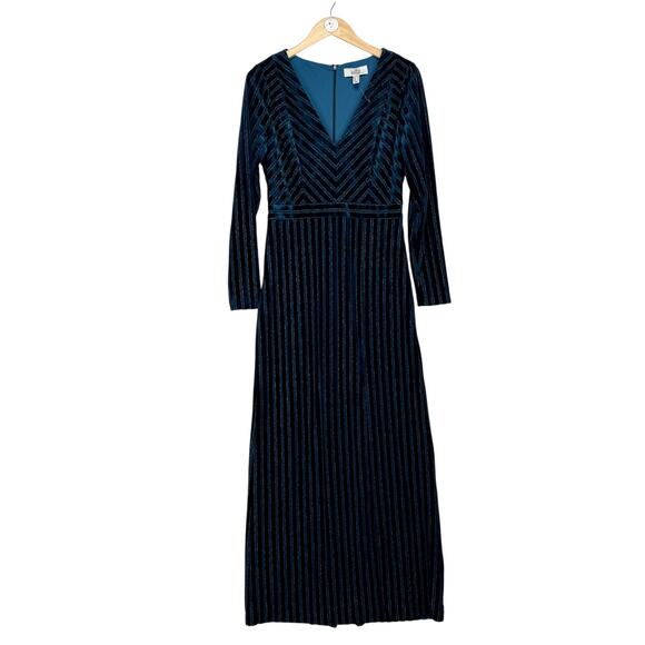 Belle BADGLEY MICSHKA Velvet Long Gown Womens 6 Teal Blue Stripes Formal Evening - Picture 2 of 11